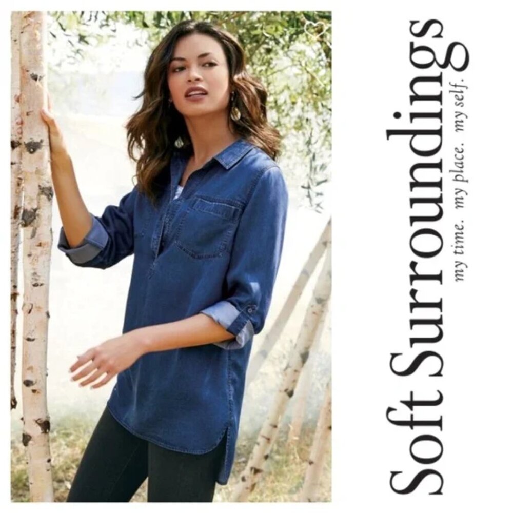 Soft Surroundings Womens Blue Denim Popover Tunic Shirt Roll‎ Tab Sleeve Large